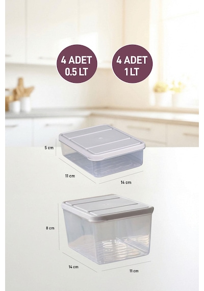 Selka Home 4 Adet 0.5 ve 4 Adet Derin 1 Lt. Nora Organizer Buzdolabı Buzluk Düzenleyici Saklama Kabı
