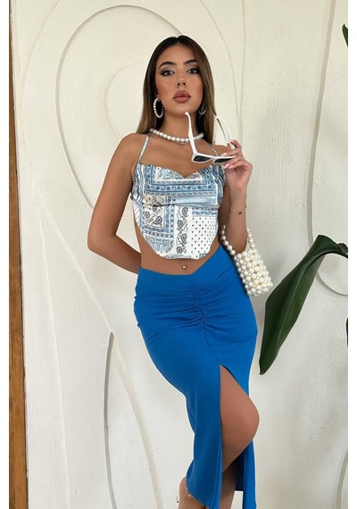 Alemdarshop Mavi Yırtmaçlı Etek