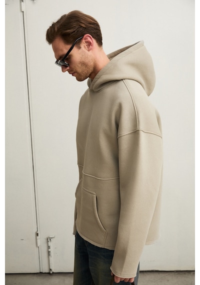 Grımelange Colega Erkek Yumuşak İçi Polarlı Organik Pamuklu Kanguru Cepli Taş Rengi Sweatshirt Taş Rengi
