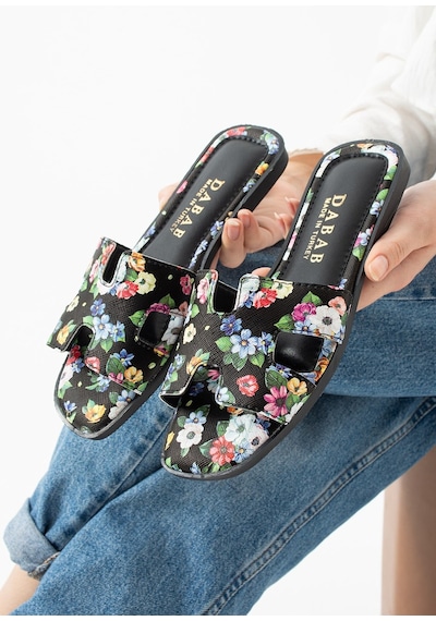 Dabab Shoes Florısa Kadın Çiçek Desenli H Bantlı Siyah Düz Taban Yazlık Terlik