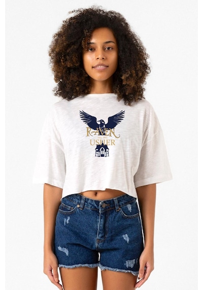 The Fall Of The House Of Usher Raven Beyaz Kırçıllı Kadın Crop Tshirt Beyaz