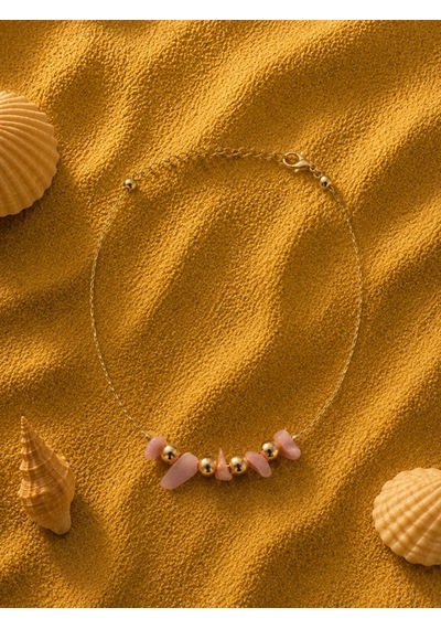 Pembe Kuvars Doğal Taş Detaylı Gold Renk Zincir Halhal 78780293