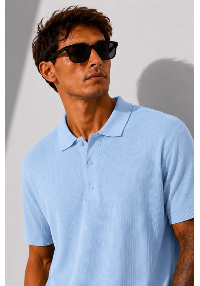 Ribana Erkek Kısa Kollu Fitilli Yarım Düğme Kapama Polo Yaka T-shirt 26001 Bebe Mavisi