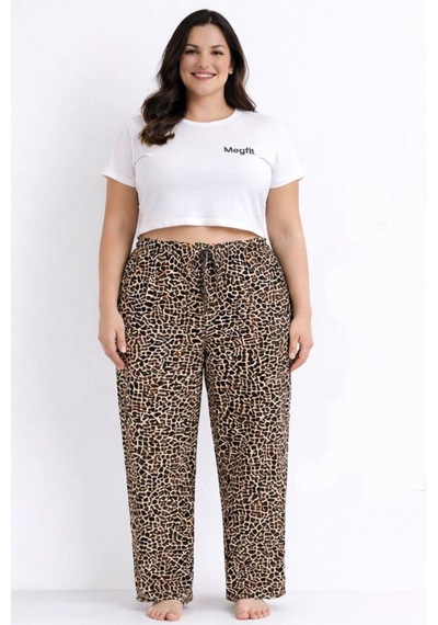 Viskon Pamuklu Kadın Büyük Beden Leopar Desenli Pijama Pantolon - Mgb005 - Mudanis Leopard Desenli
