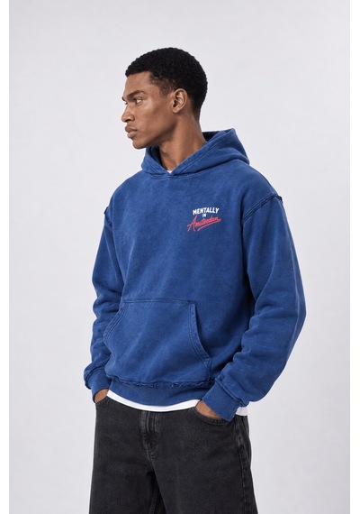Respire Erkek Pis Dikiş Detaylı Yıkamalı Oversize Hoodie Lacivert
