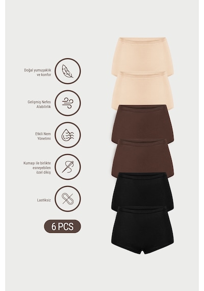 Auw Kadın Lastiksiz Pamuklu Modal Basic Boyshort 6'lı - Softfit Çok Renkli Ten,bitter,siyah