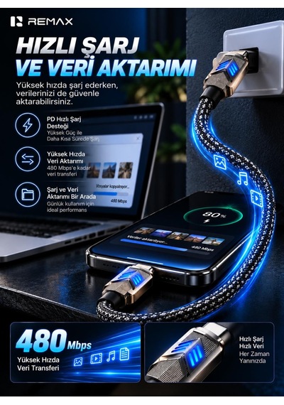 Remax Cb05-cc Bumblebee Serisi 65w Pd Type-c To Type-c Led Işıklı Çinko Alaşımlı Örgülü Hızlı Şarj Ve Data Kablosu 1.2 Metre Siyah