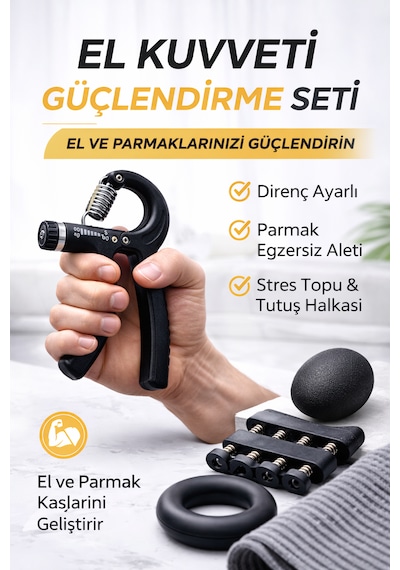 Teknoeser 5 Li El Kuvveti Güçlendirme Seti Ayarlanabilir Hand Parmak Egzersiz Aleti Stres Topu Tutma Halkası Siyah