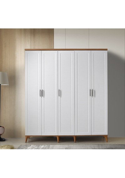 GuneyStore Paris 5 Kapaklı Komple MDF Atlantik Çam-Beyaz Gardırop