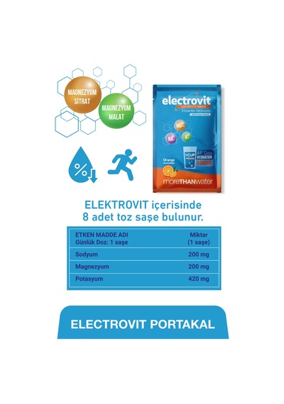 Electrovit Portakal Sodyum, Potasyum, Magnezyum İçeren Elektrolit Tozu 2 X 8 Saşe