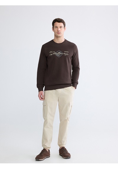 Lcwaıkıkı Classic Kahverengi Bisiklet Yaka Baskılı Erkek Sweatshirt
