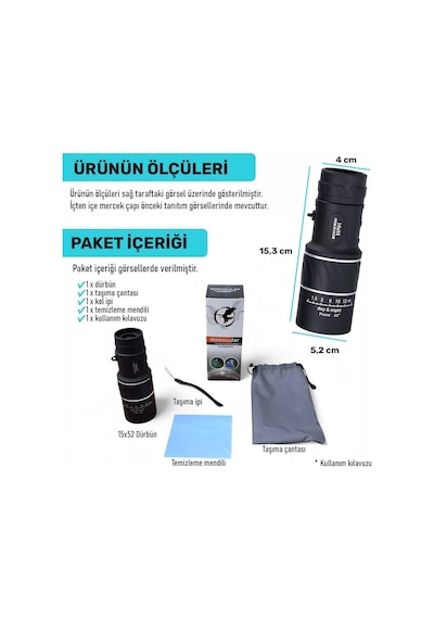 Upway 16x52 Monoküler Dürbün - Hd K9 Optik Cam Lens - 10x Yakınlaştırma Siyah