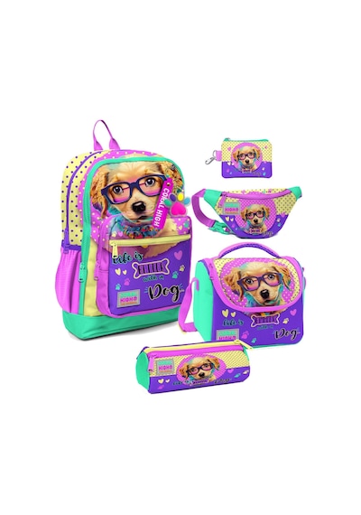 Coral High Kız Çocuk Sarı Pembe Sevimli Köpek Desenli Beşli İlkokul Okul Çanta Seti