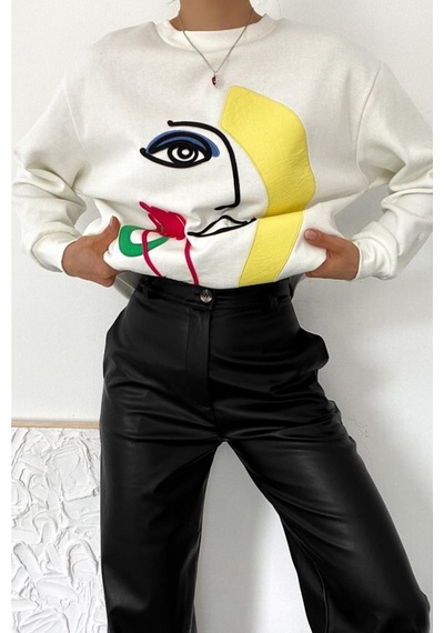 Femelle Ekru Kalın Içi Polarlı Nakış Işlemeli Kabartmalı Oversize Sweatshirt