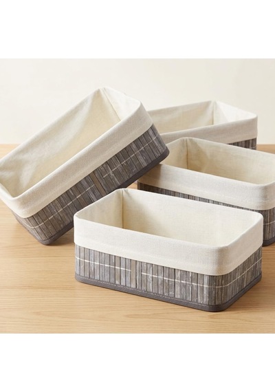 Bambu Detaylı Çok Amaçlı Saklama Kutusu 25x15x8 Cm Dekoratif Kumaş Organizer Mutfak, Banyo, Dolap İçi Ve Raf Düzenleyici Çekmece İçi Derin Organizer Kutu Gri 4 Adet Cok Renkli