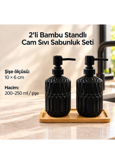 2'li Bambu Standlı Cam Sıvı Sabunluk Seti - Siyah Çok Renkli
