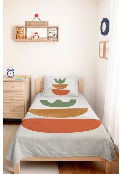 Geometrik Yeşil Genç Odası Tek Kişilik Pike Takımı - Turuncu Bej 160x220 Cm Kapitone Yatak Örtüsü Gizli Pamuk Yansıması