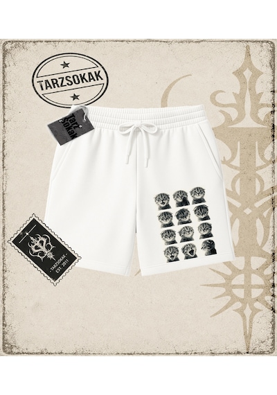 Tarzsokak Gotik & Grunge Streetwear Cat Retro 3 Unisex Şort Beyaz