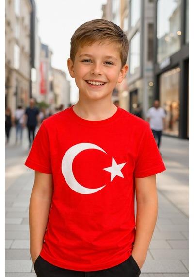 Parti Selesi Unisex 3 Adet Çocuk Bayrak Baskılı Kısa Kollu T-shirt Kırmızı