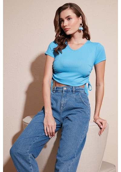 Lela Slim Fit V Yaka Yanları Büzülebilir Bayan Bluz 5864011 Mavi