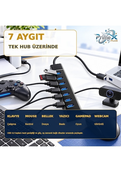 Primex Px-307 Usb 3.0 Hub 7 Port Çoklayıcı, 25 Cm Kablolu Usb Çoklayıcı Hub, Laptop Masaüstü Pc Uyumlu, Klavye Mouse Flash Bellek Ve Usb Aygıtları İçin