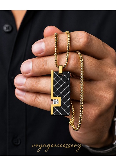 Paslanmaz Çelik Kübik Zirkon Detaylı Premium Gold Siyah Erkek Kolye Altın - Gümüş