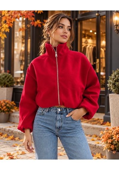 Firesh Ruby Red Kırmızı Dik Yaka Fermuarlı Balon Kol Mont