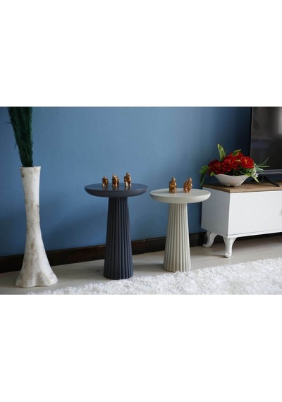 Wood Wooden 2'li Ahşap Set Fitilli Mantar Yan Sehpa Antrasit-krem Renk Beyaz