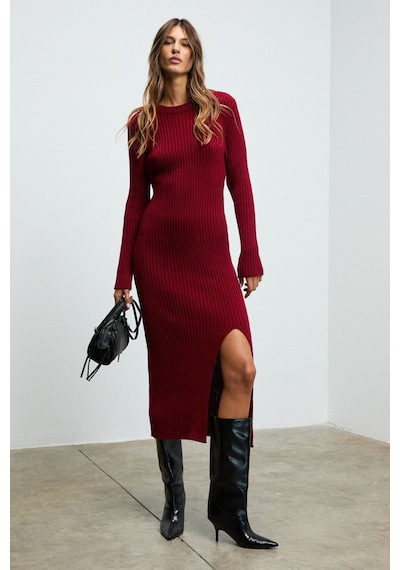 Grımelange Soreya Kadın Yuvarlak Yaka Çizgi Desenli Yırtmaçlı Slim Fit Triko Bordo Elbise Bordo