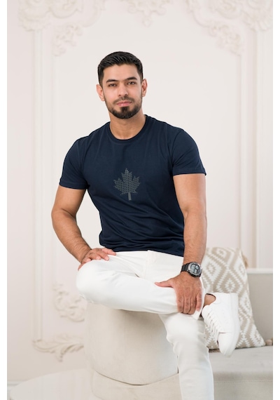 Paul Martin Bisiklet Yaka Önü Baskılı Pamuklu Basic Regular Fit T-shirt Lacivert