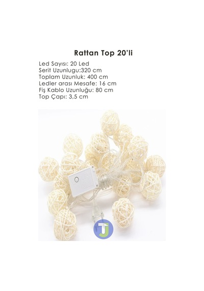Technojet Dekoratif Rattan Model Fişli Şerit Top Led Yılbaşı Parti Doğum Günü Süsleme 20'li Sarı