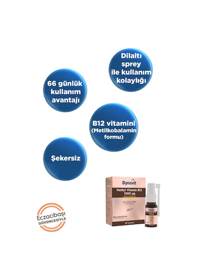 Dynavit Vitamin B12 1000mcg 10ml Dilaltı Sprey- Aile Boyu B12 Vitamini - Methylcobalamin Hafıza & Enerji