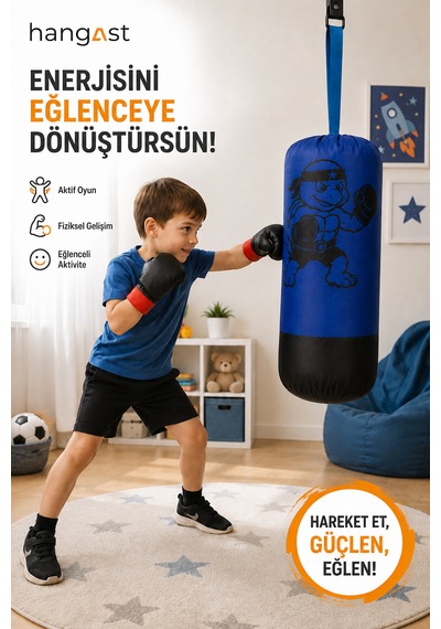 Çocuk Boks Seti Panda Desenli Asılabilir Boks Torbası Eldivenli Mavi