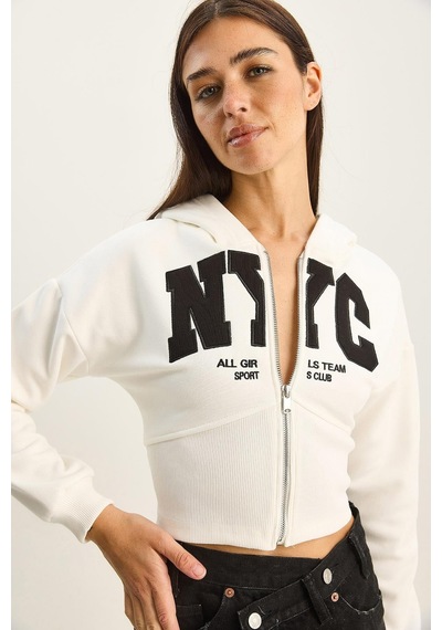 Shade Kadın Nyc Nakışlı Üç İplik Şardonlu Kapüşonlu Crop Hırka 6942 60283794 - Beyaz