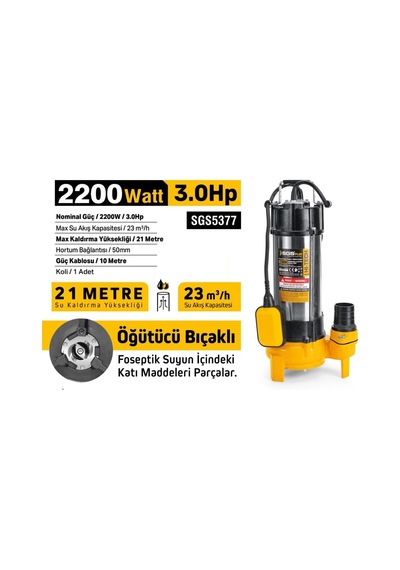 Sgs5377 - 21 Metre 3 Hp İnox Foseptik Dalgıç Pompa Parçalayıcı Öğütücü Bıçaklı 2200 Watt