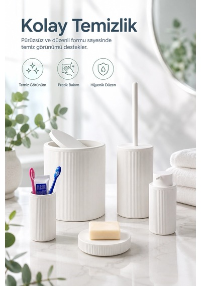 Modern Tasarımlı 5 Parça Banyo Aksesuar Seti Beyaz Renk Sabunluk Ve Fırçalık Dahil