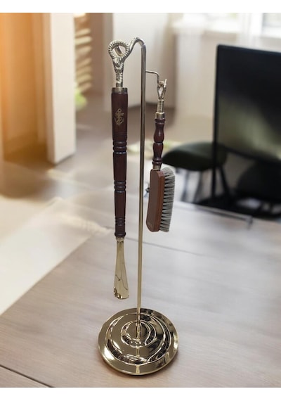 Ayakkabı Çekeceği Ahşap Tutacaklı Fırçalı Set-bronz