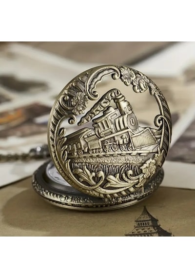 Kişiye Özel Vintage Buharlı Tren Tasarımlı Bronz Cep Saati Zincirli Antika Görünümlü Hediye Saat