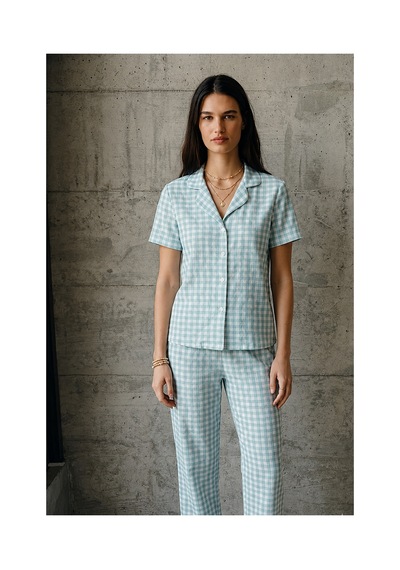 Fit Women V Yaka Düğmeli Casual Su Yeşili Pijama Takımı