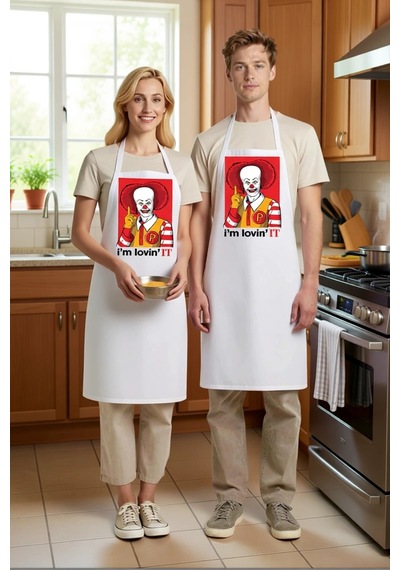 Unisex Mutfak Aşçı Önlüğü Fast Food Temalı Komik Baskılı Günlük K Beyaz