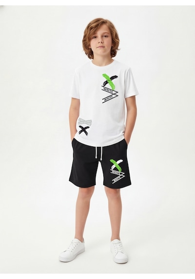 Panios Kids X White Baskı Detaylı Yuvarlak Yaka Yazlık Erkek Çocuk Alt Üst Takım Beyaz