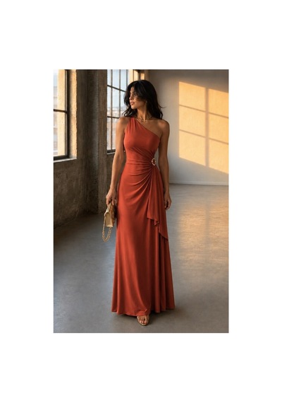 Lior Design Kadın Sade Tek Omuz Kemerli Maxi Abiye Elbise Kahverengi