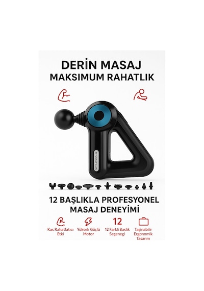 Smayling 12 Başlıklı Profesyonel Masaj Tabancası Yüksek Torklu Motor Ergonomik Tutma Kollu Derin Masaj Aleti Siyah