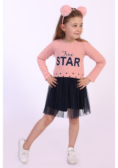 Toontoy Kız Çocuk Star Baskılı Tüllü Elbise Pudra