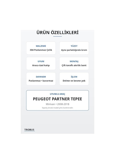 Peugeot Partner Tepee 2008-2018 Uyumlu Krom Sürgülü Kapı Çıtası 4 Parça Paslanmaz Çelik