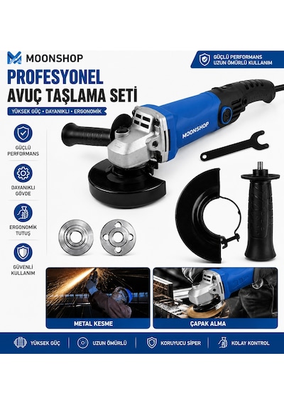 Moonshop 2800W Devir Ayarlı Avuç Içi Spiral Taşlama Makinesi 115-125 MM + 2 Adet Inox Disk
