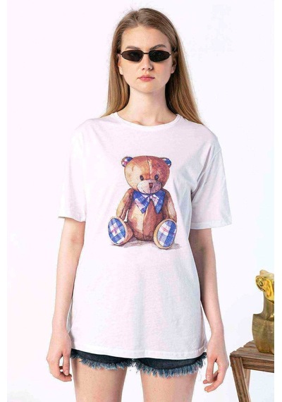 Kadın Oversize Ekose Ayıcık Baskılı Tshirt (534304627)