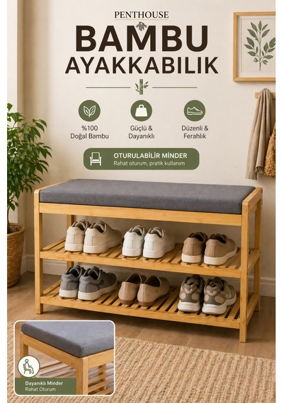 Bambu Ayakkabılık Oturmalı Minderli 2 Raflı 6 Çift Kapasiteli Şık Ve Dayanıklı Ayakkabı Rafı Ahşap