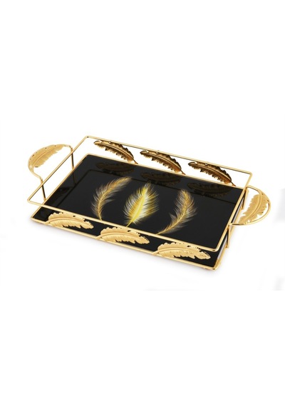 Singl Gold Metal Tepsi Kuş Tüyü Desenli