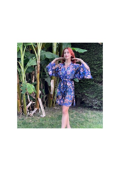 Lila Mare Tül Üzeri Nakışlı Handmade Kimono Renkli Renkli